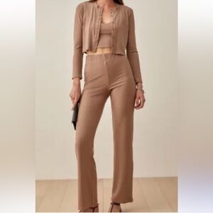 Reformation Marie 3 piece set clay small ribbed cardigan cropped tank pant
